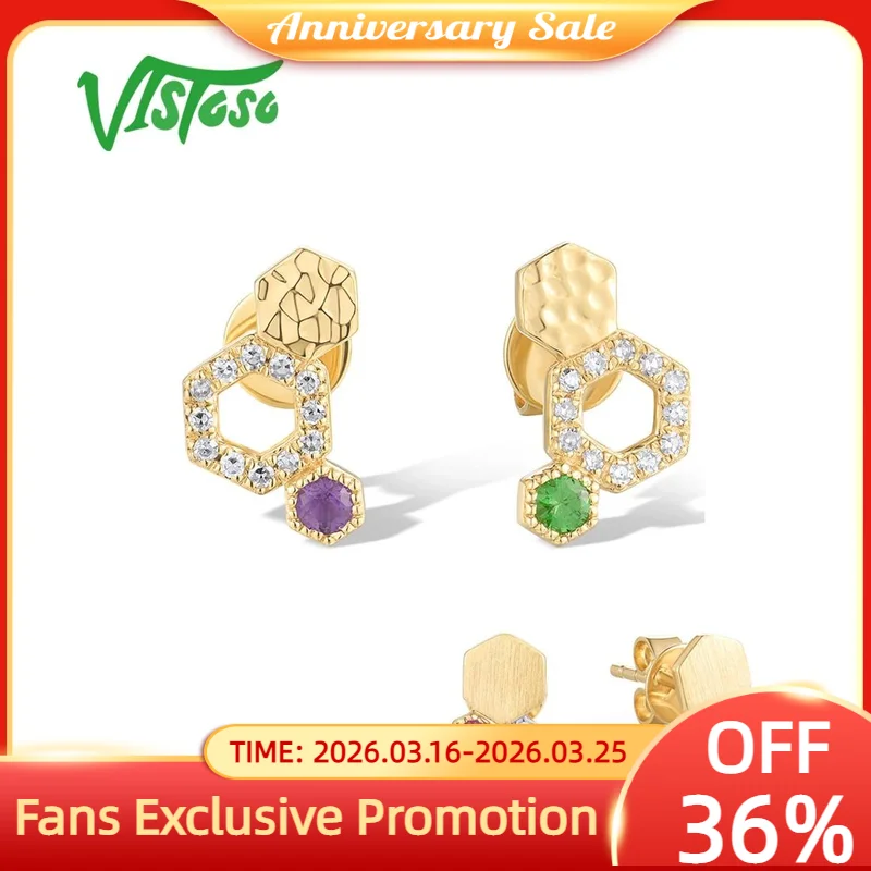 

VISTOSO 14K 585 Yellow Gold Stud Earrings For Women Sparkling Diamonds Colored Gems Geometric Hexagon Party Gifts Fine Jewelry