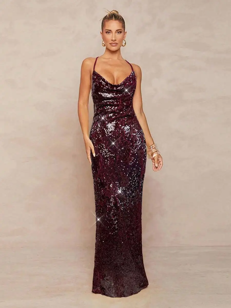 

Deep Plum Sequin Cowl Neck Backless Mermaid Evening Dress