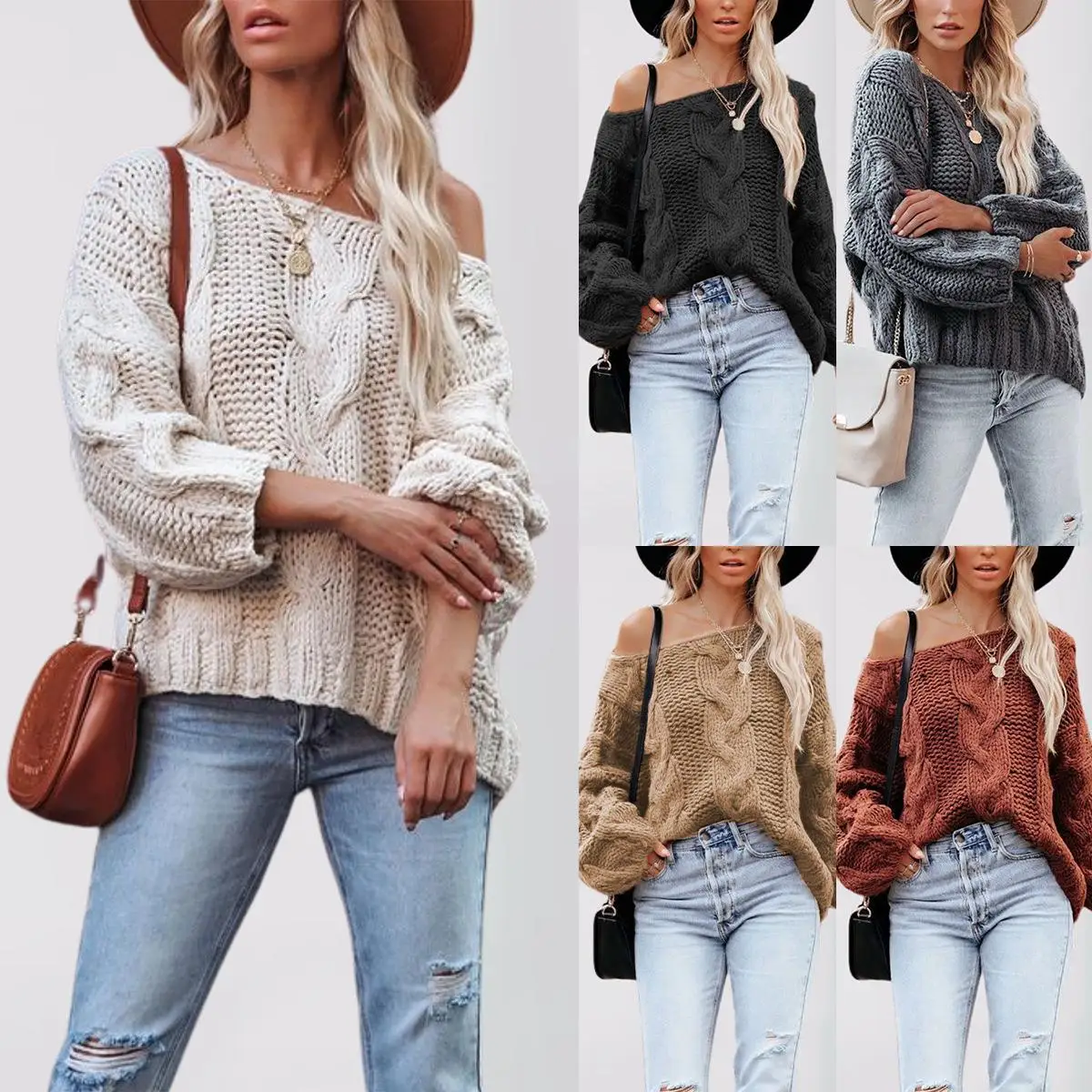 

Свободный вязаный свитер женский круглый Ne Faion Overhead Thiened Long Sve Lantern Све Цвет Футболка из ацетатного волокна