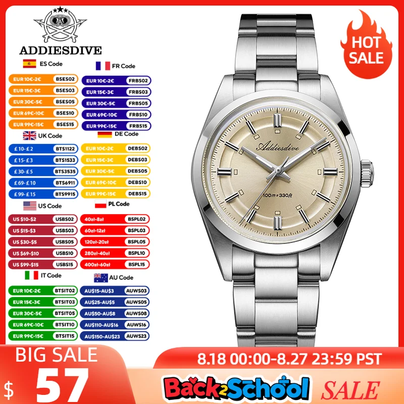 

ADDIESDIVE 36mm Men's Watch Luxury VH31 Quartz Wristwatch Bubble Glass 100m Waterproof 316L Stainless Steel BGW9 Luminous AD2515