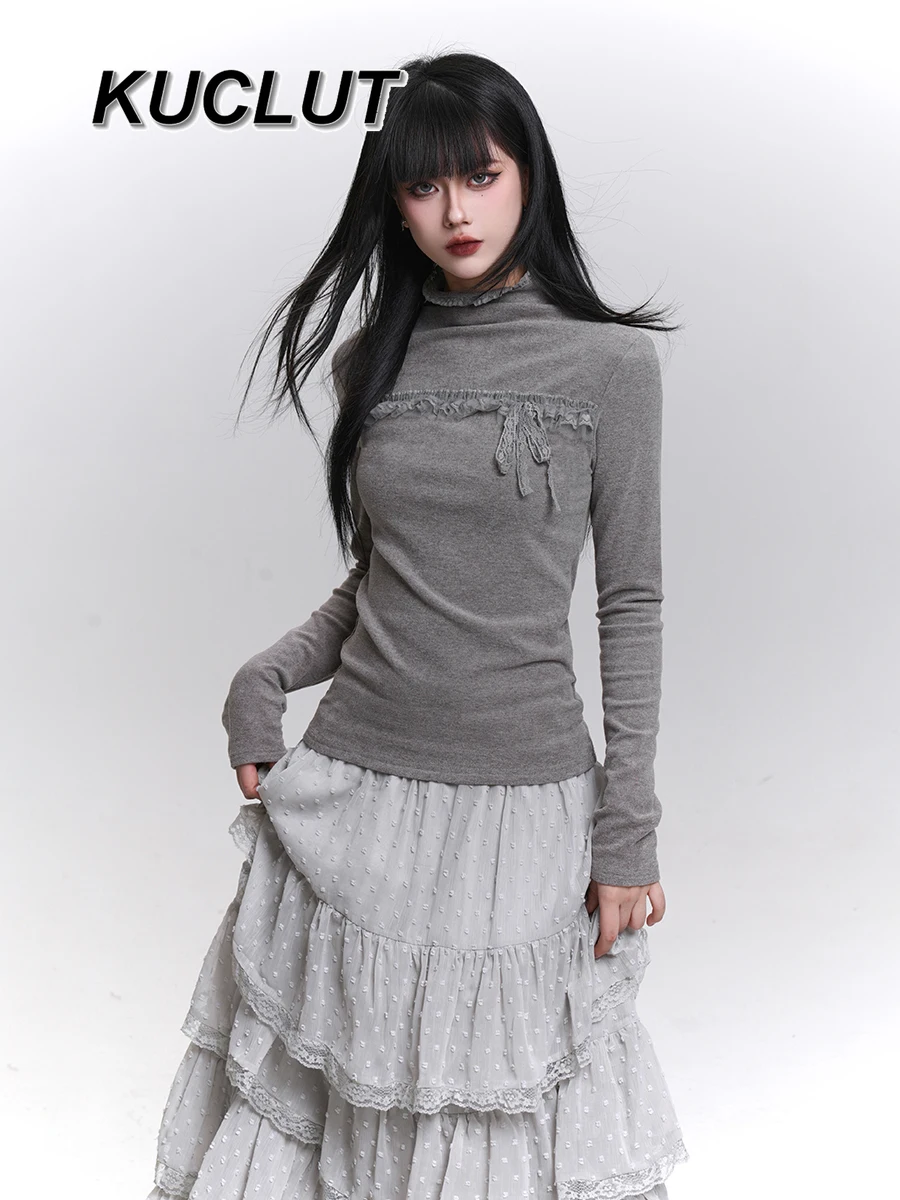 

Y2k Style Girl T-shirts Gray Half Turtleneck Base Shirt for Women Autumn and Winter Wear Super Beautiful Long Sleeve Top