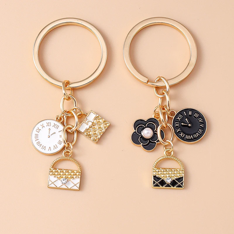 Fashion Enamel Simulation Handbag Keychain Clock Key Ring for Women Girls Handbag Pendant DIY Jewelry Gifts