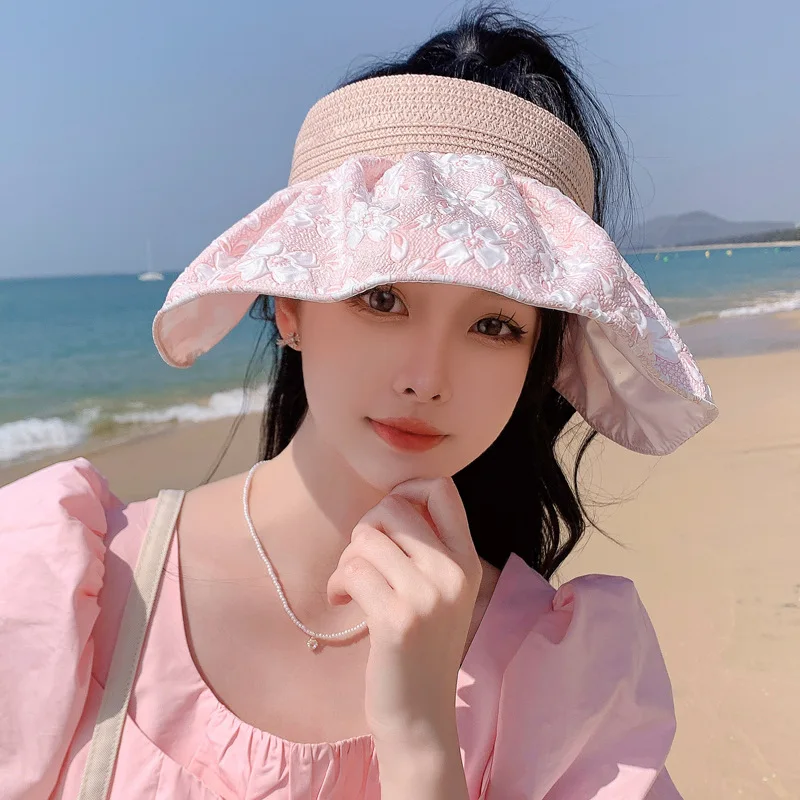 Korean Style New Women's High-Grade Embossed Color Plastic Protection Summer Air Top Big Brim Sun Hat