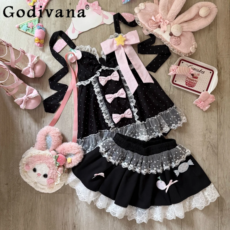 

Original Japanese Style Kawaii Girl's Sleeveless Top+Skirt 2-Piece Set Summer Soft Girls Polka Dot Print Bow Vest Mini Skirt Set