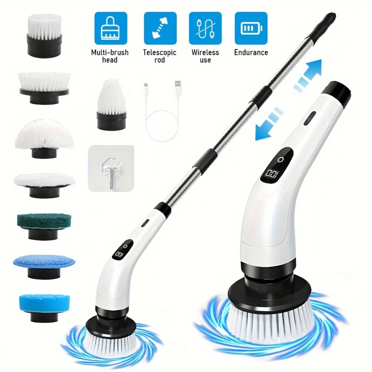 Spin Scrubber, 9pcs Set Cordless Cleaning Brush With Replaceable Brush Heads, Dual Speed LED Screen And Extension Handle, Power
