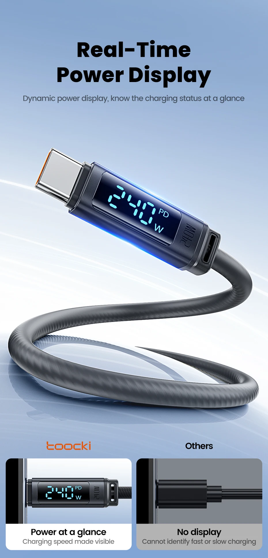 Toocki 240W USB-C-Kabel Typ C Schnellladung PD 3.1 Digitales Display USB-C Silikon-Datenkabel für iPhone16 17 Xiaomi OPPO Macbook – Detail 3