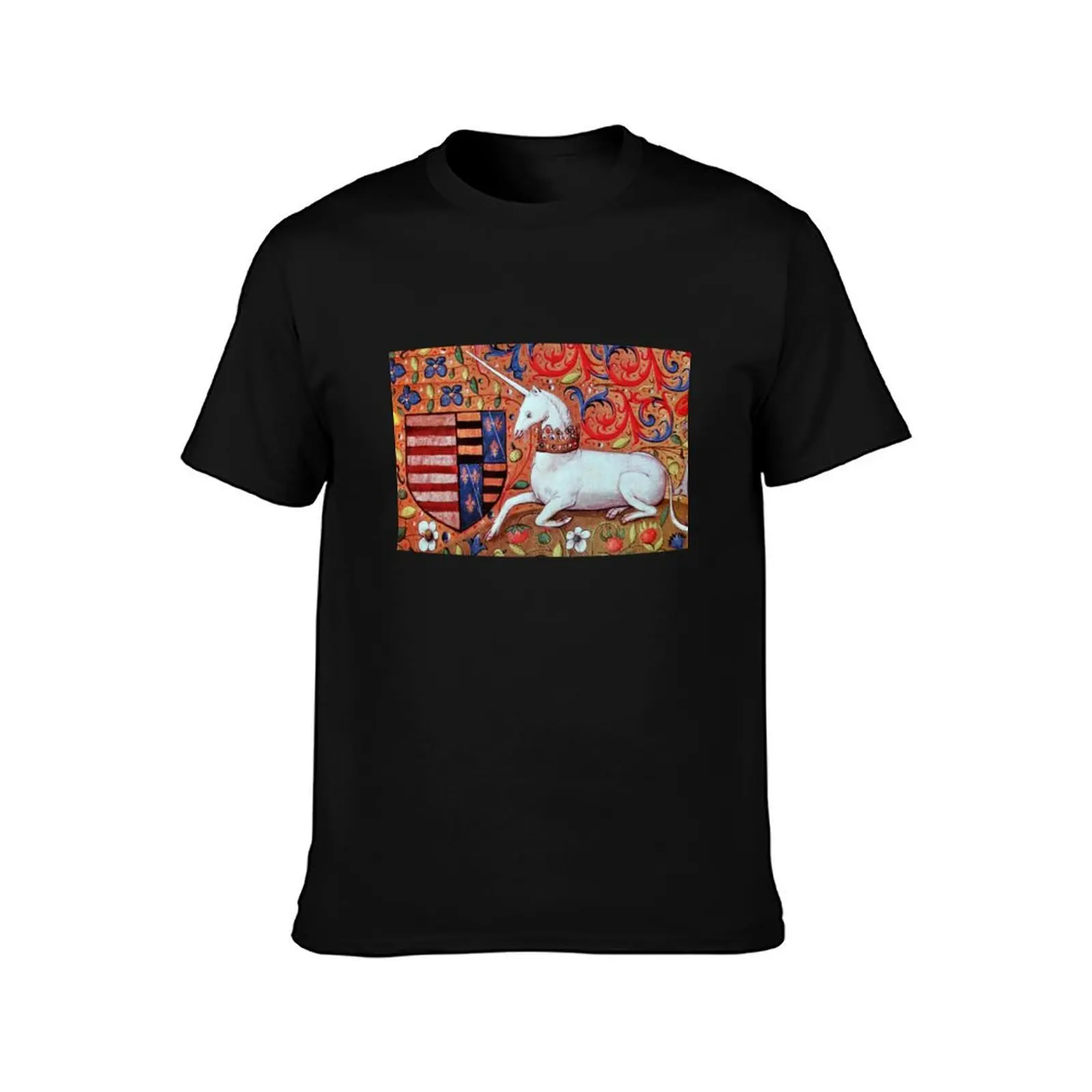 UNICORN WITH RED BLUE WHITE FLORAL MOTIFS Medieval Miniature T-Shirt Plus Size Short Sleeve T-Shirt