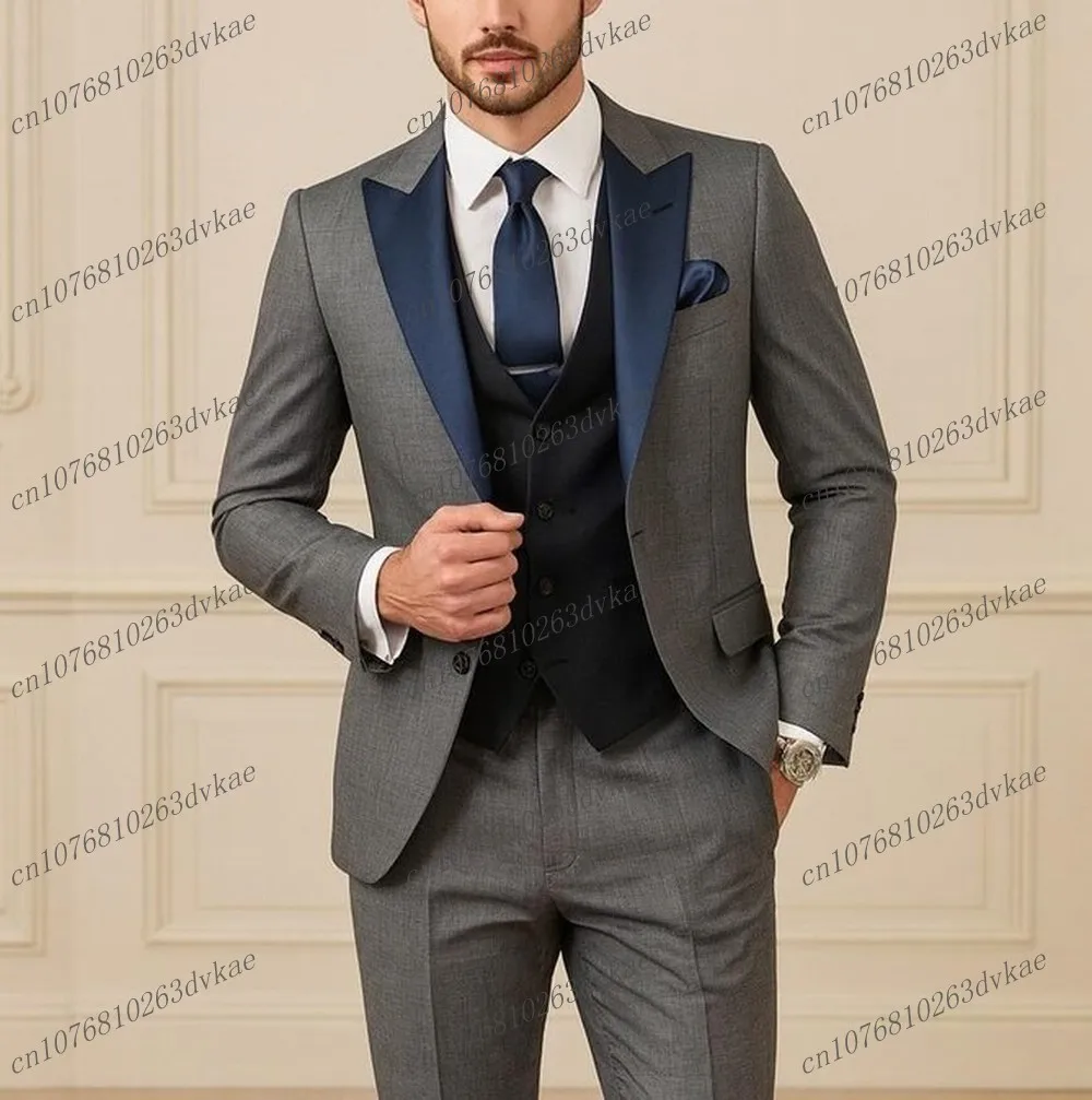 

New Grey Blue Black Men Suit Wedding Party Formal Groom Groomsman Prom Business Male Tuxedos 3 Piece Set Jacket Vest Pants