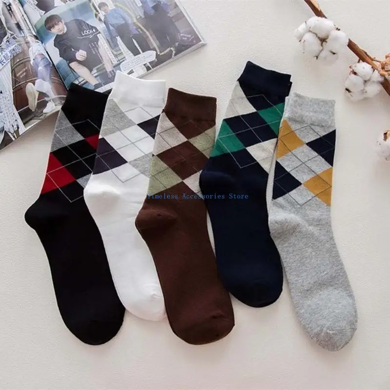 

97QE Men Autumn Cotton Socks Vintage Argyle Plaid Patterned Print Breathable Formal Business Casual Tube Hosiery