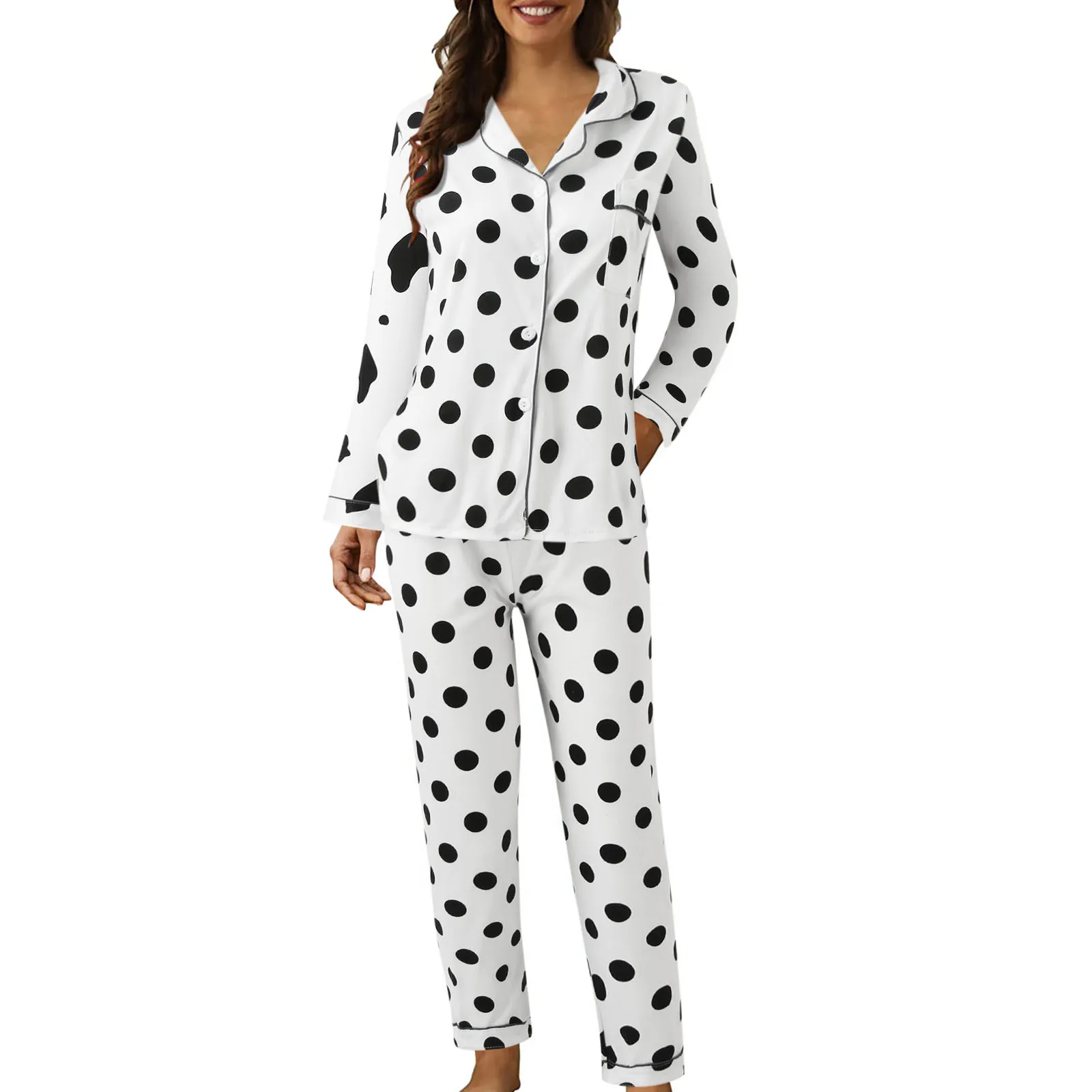 

Women Casual Lapel Button Polka Dots Print Long Sleeve Pajamas Pajamas Suit Two Piece Sleepwear Outfits