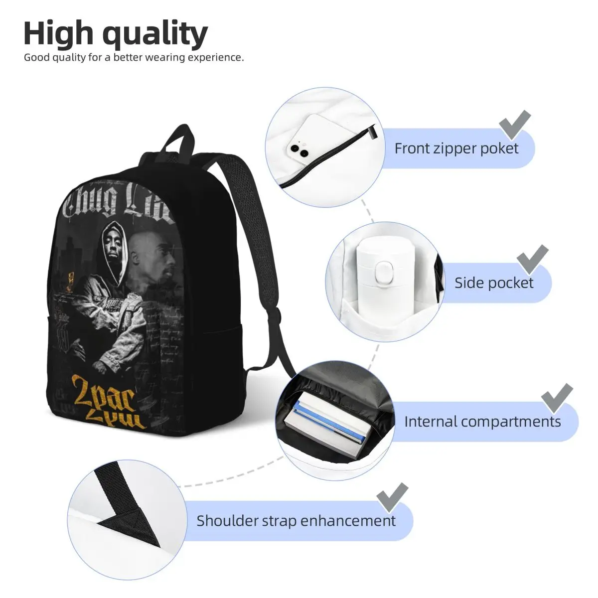 Tupac 2PAC 90s Rap Music Classical Backpack Outdoor Student Hiking Travel Daypack for Men Women College Shoulder Bag