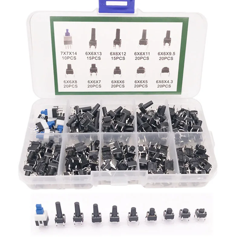 10kinds 180PCS 6*6 Tact Switch Tactile Push Button Switch Kit Height: 4.3MM~13MM DIP 4P Micro Switch 6x6 Key Switch