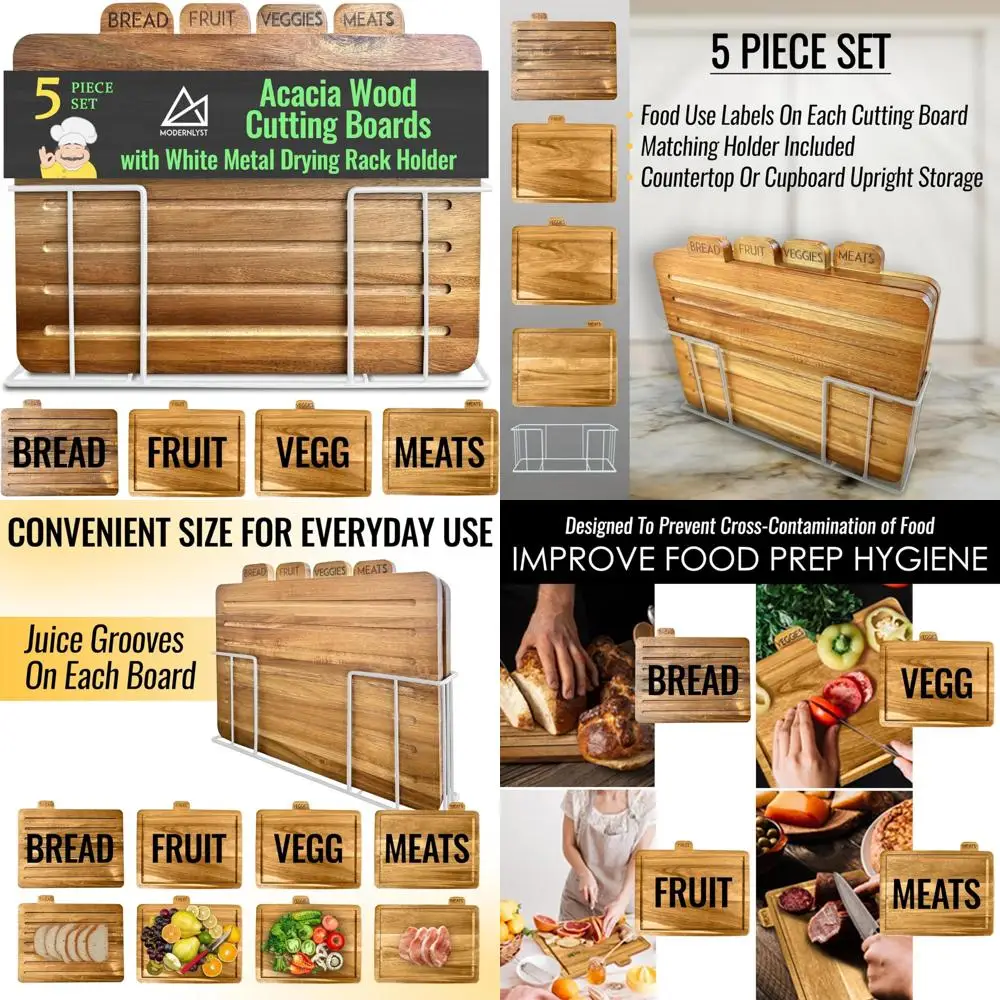 

Large Wooden Cutting Board Set with Holder, 13x11x2.5 Inches | Labeled Kitchen Cutting Boards | Acacia Wood Set for Cooking