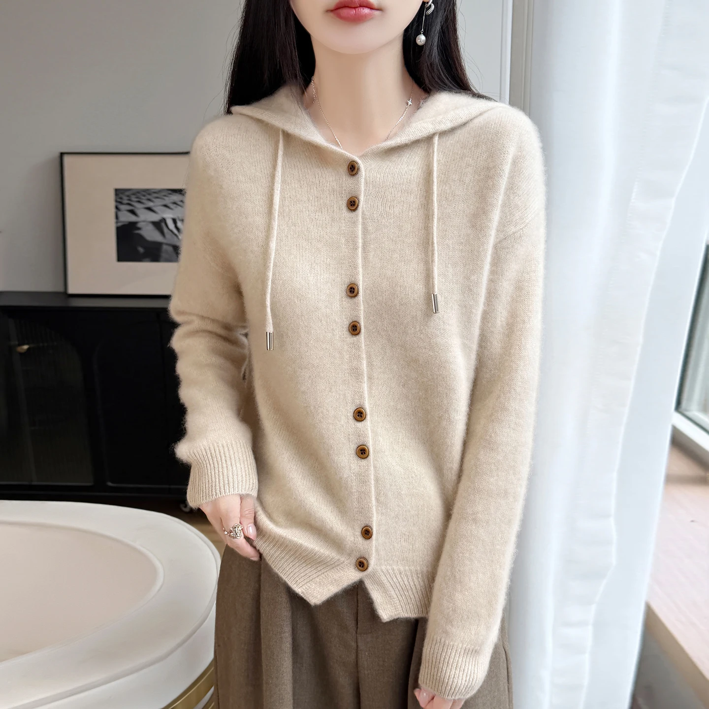 2026 autumn and winter new 100% wool hooded cardigan wool knitwear women's loose versatile button sweater top