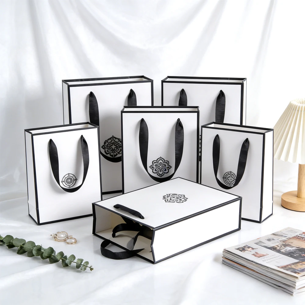 

100Pcs Custom White Black Paper Jewelry Bags with Ribbon Handles Kraft Paper Bags Bulk Tote Bags Shopping Bags Paper Gift Bags