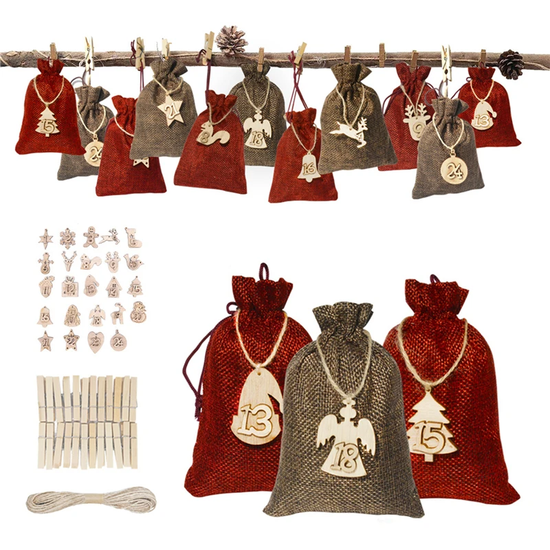 DIY Numbers Christmas Gift Bag With Christmas Number Wooden Card Countdown Ornament Christmas Gift Bags Candy Storage Pouches