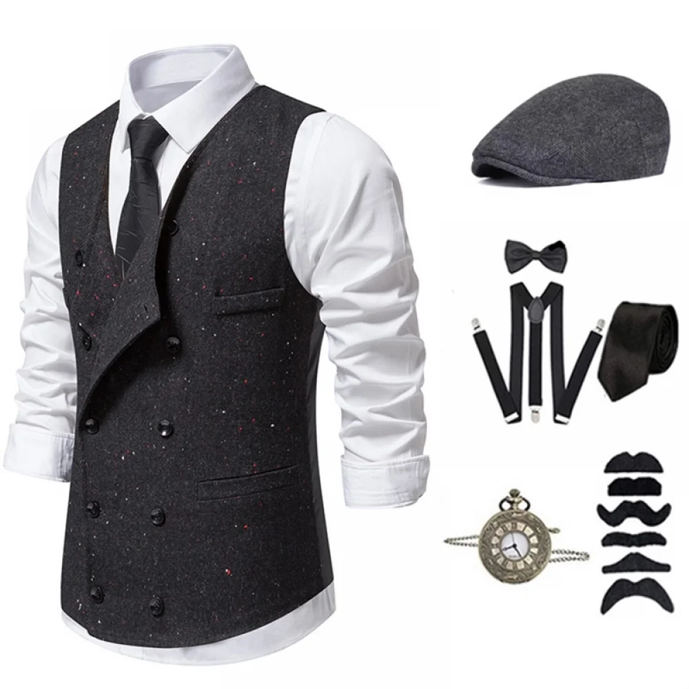 1920s Mens Costume Accessories Set Mens Steampunk Waistcoat Gangster Vest Pocket Watch 20s Gangster Costumes Men Halloween Party