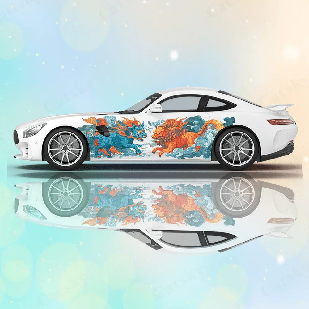 Oriental Art Lion Dance Car Vinyl Wraps Decal Self-adhesive PVC Sticker Suitable for Trucks SUV Decoration Auto Accessories