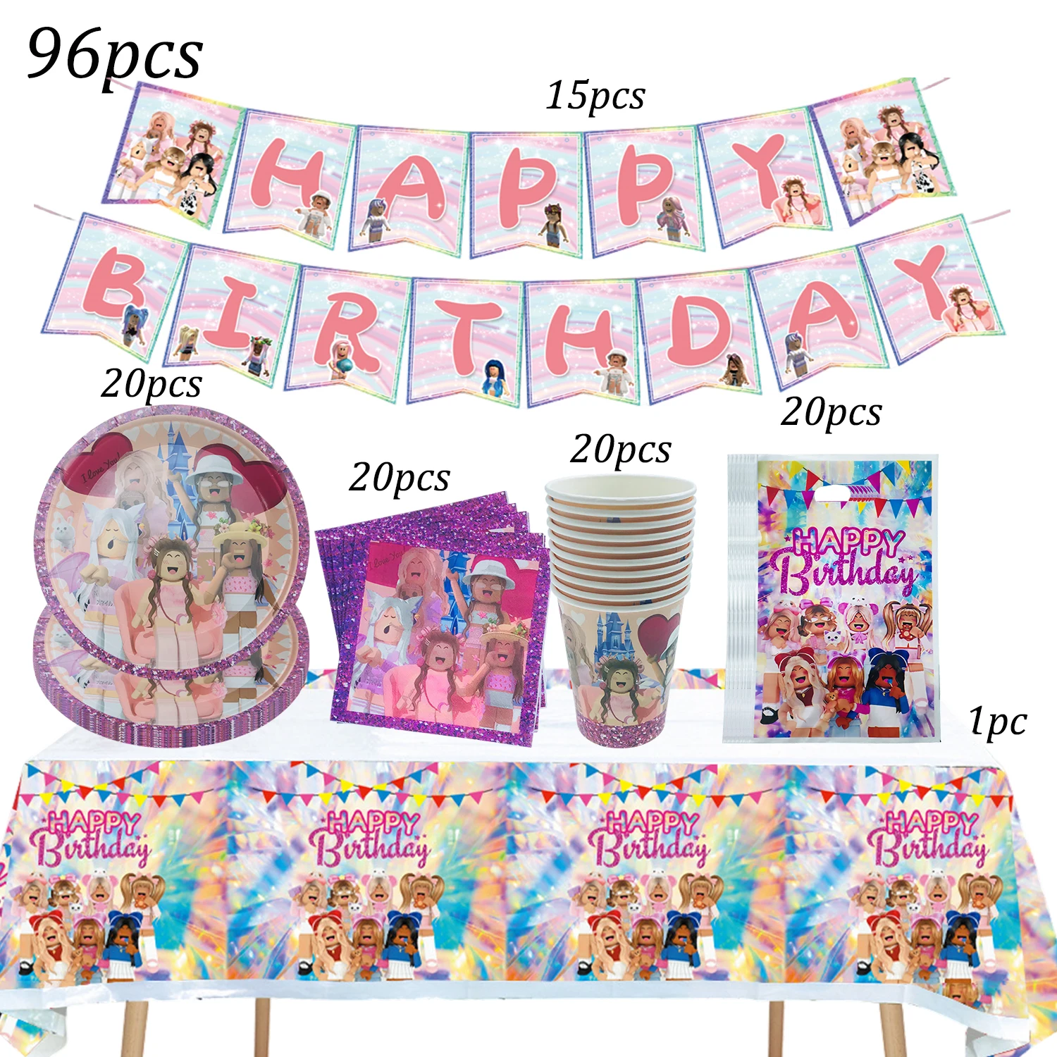 

Pink Robloxed Theme Birthday Party Decorations Tableware Set Balloons Cups Plates Banner Backdrop for Girls Baby Shower Supplies