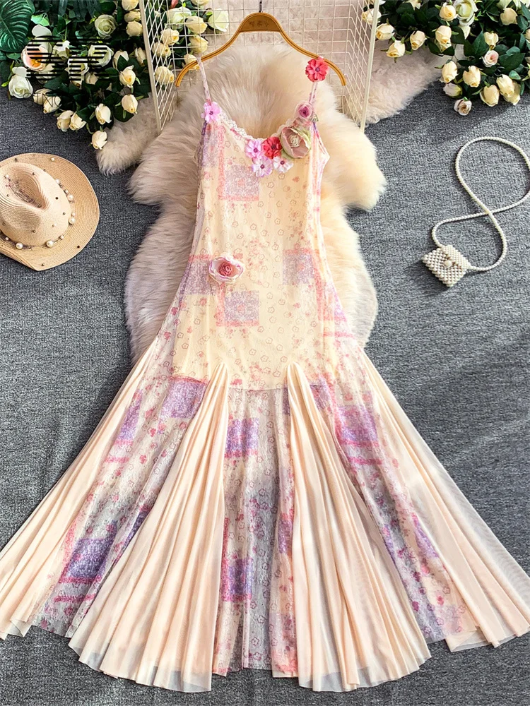 SINGREINY 3D Floral Mesh Sundress Ladies French Print Splice Sling A-line Slim Gentle 2026 Summer Romantic Vacation Long Dresses - Image 6
