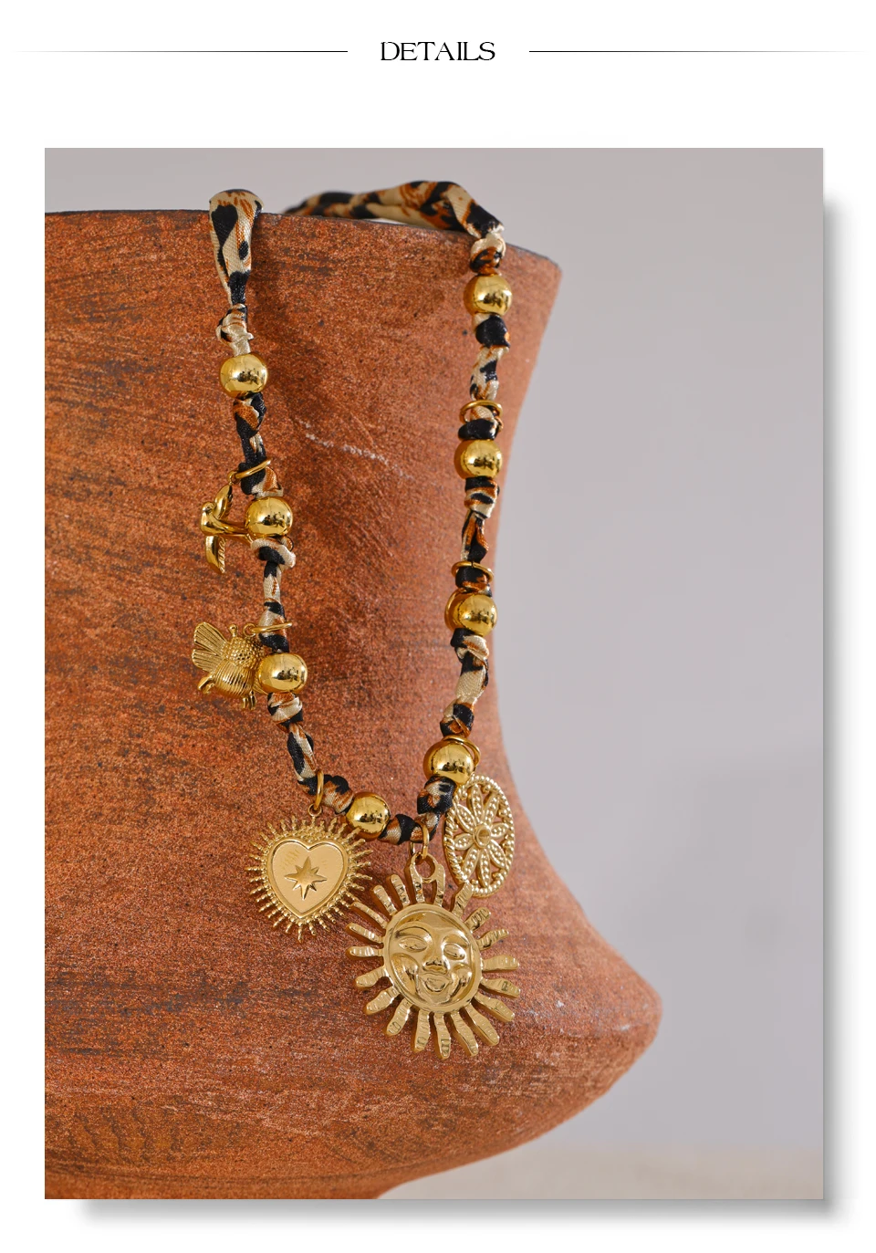 Yhpup Beliebte Edelstahl-Halskette mit Leopardenmuster, Polyester, Sonnenblume, Herz, Insekt, Tropfenkragen, 18 Karat PVD-beschichtet, Modeschmuck, Geschenk – Detail 14