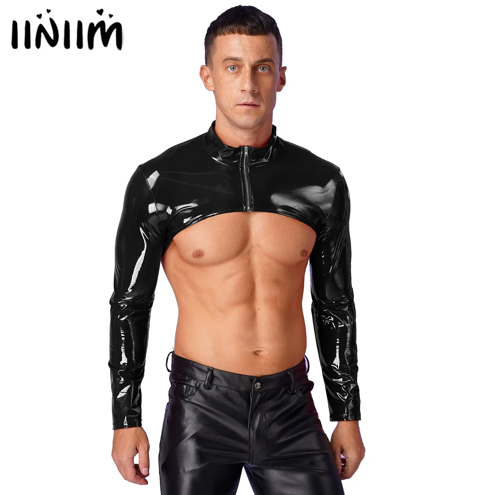 Mens Slim Fit Long Sleeve Patent Leather Crop Top with Front Zipper Arm Shrug Stand Collar Pole Dance Outfit Rave Party Clubwear