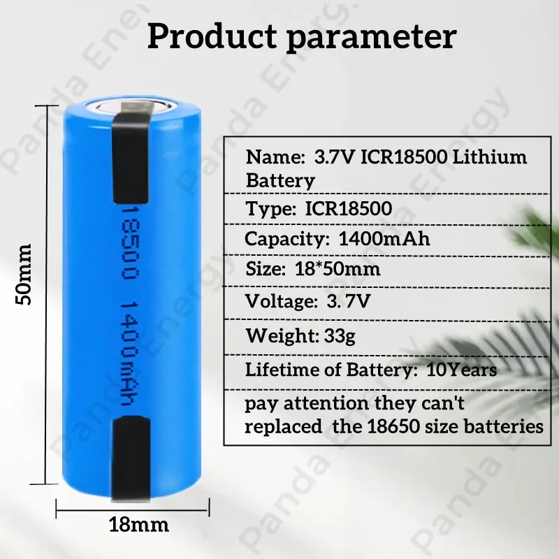 3.7V battery 1400mAh 18500 Li-ion rechargeable battery suitable for LED flashlight remote control battery 4.2V flat battery