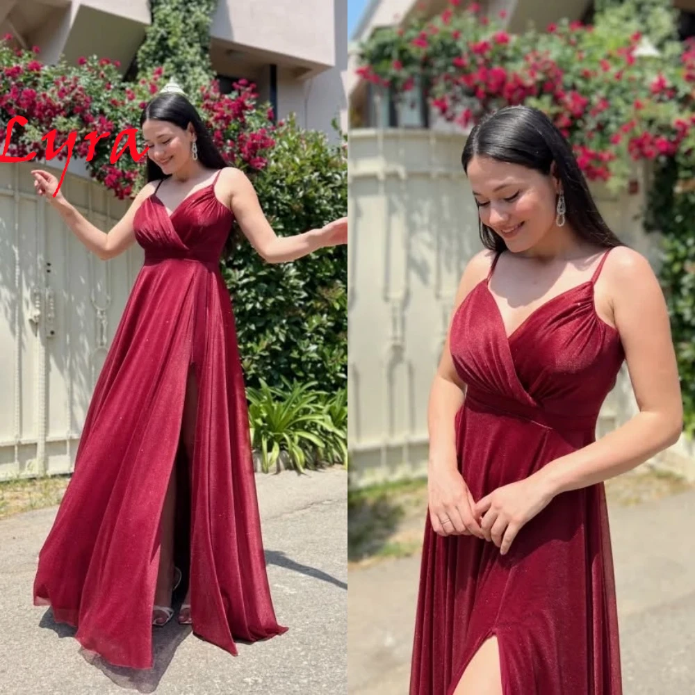 تخصيص رشيقة عنابي الخامس الرقبة بلا أكمام فستان سهرة مثير السباغيتي الأشرطة تول فساتين لحضور الحفلات الموسيقية رداء حفلات حساسة