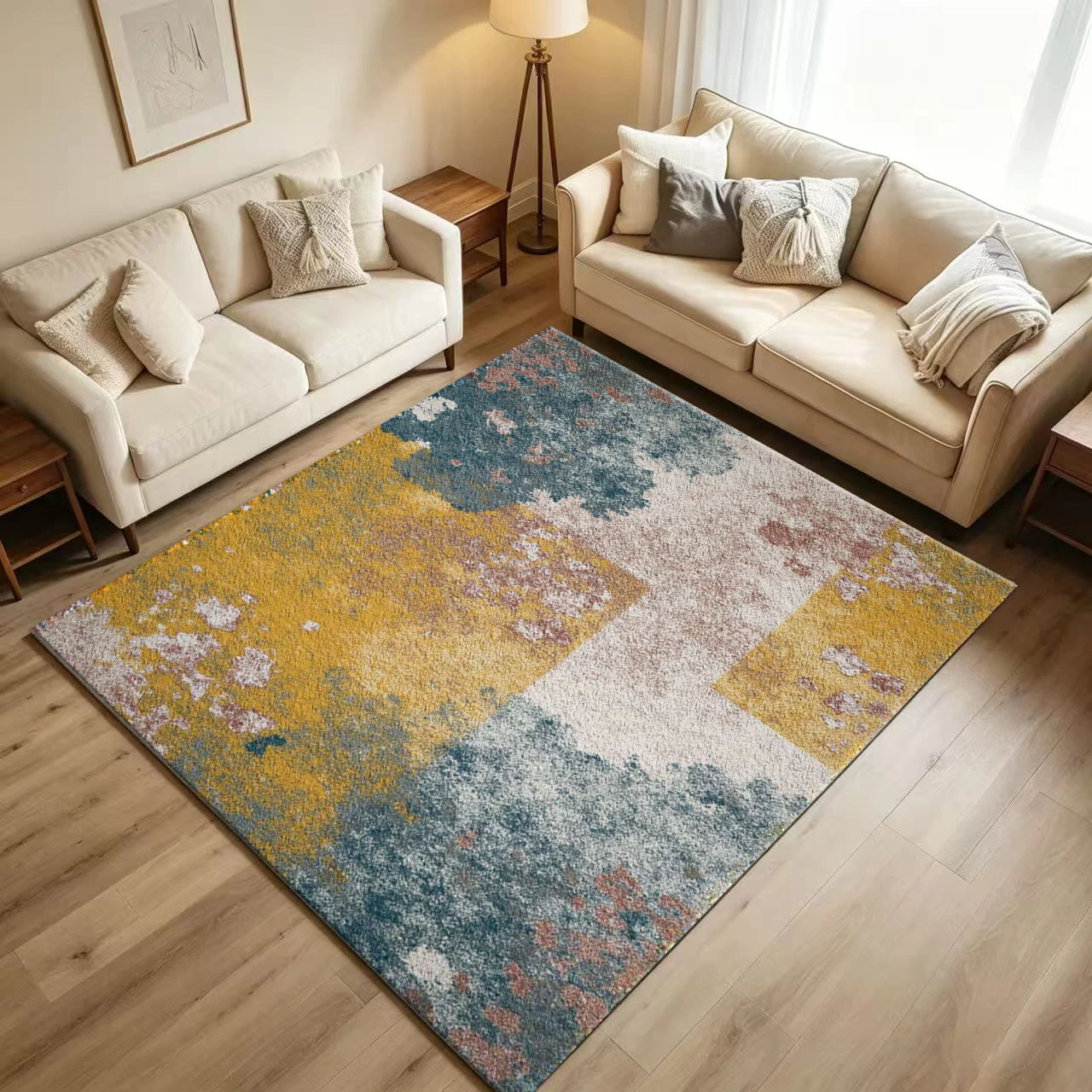 Modern Abstract Smudge Texture Carpet Flooring Yellow Teal Rust Blotched Watercolor Style Printed Floor Rug for Household Indoor Home Stylish Decor