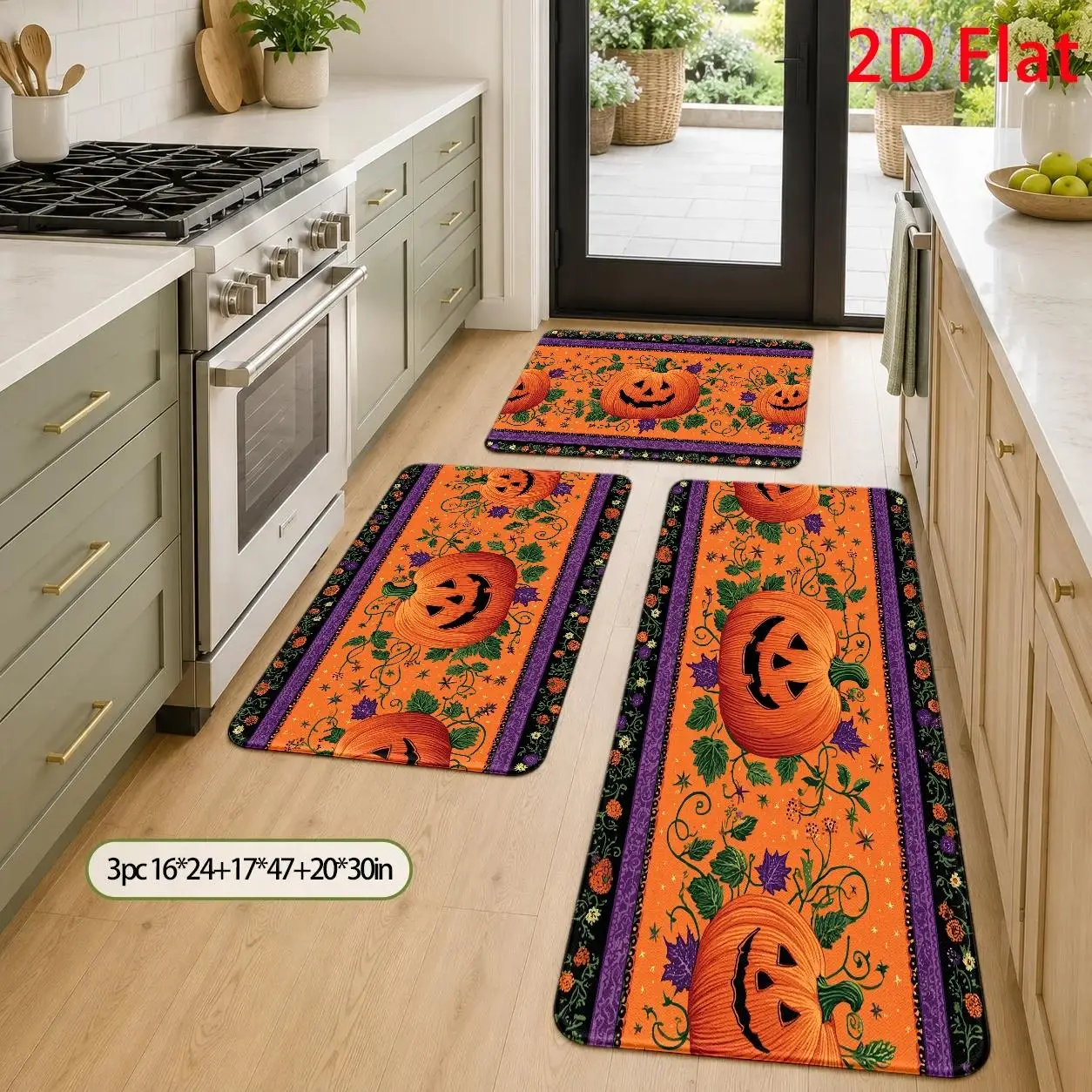 1pc, 2pcs, 3pcs, 2D Flat Kitchen Floor Mat Set, Halloween Pumpkin Floor Mat, Colorful Pumpkin Tribal Kitchen Mat, Easy-To-Clean Decorative Kitchen Mat, Suitable for Kitchen, Bathroom, Laundry Room, Dining Room, And Living Room