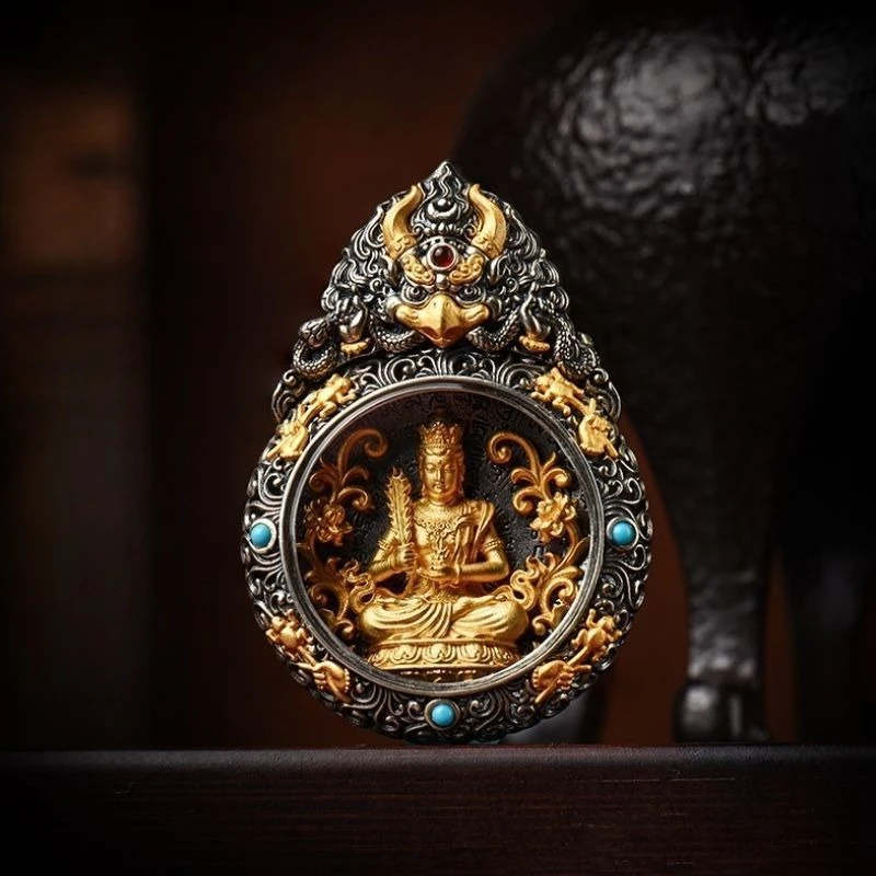 Cz thangka zodiac guardian god genuine yellow god of wealth tibetan dapeng bird gawu box sterling silver pendant