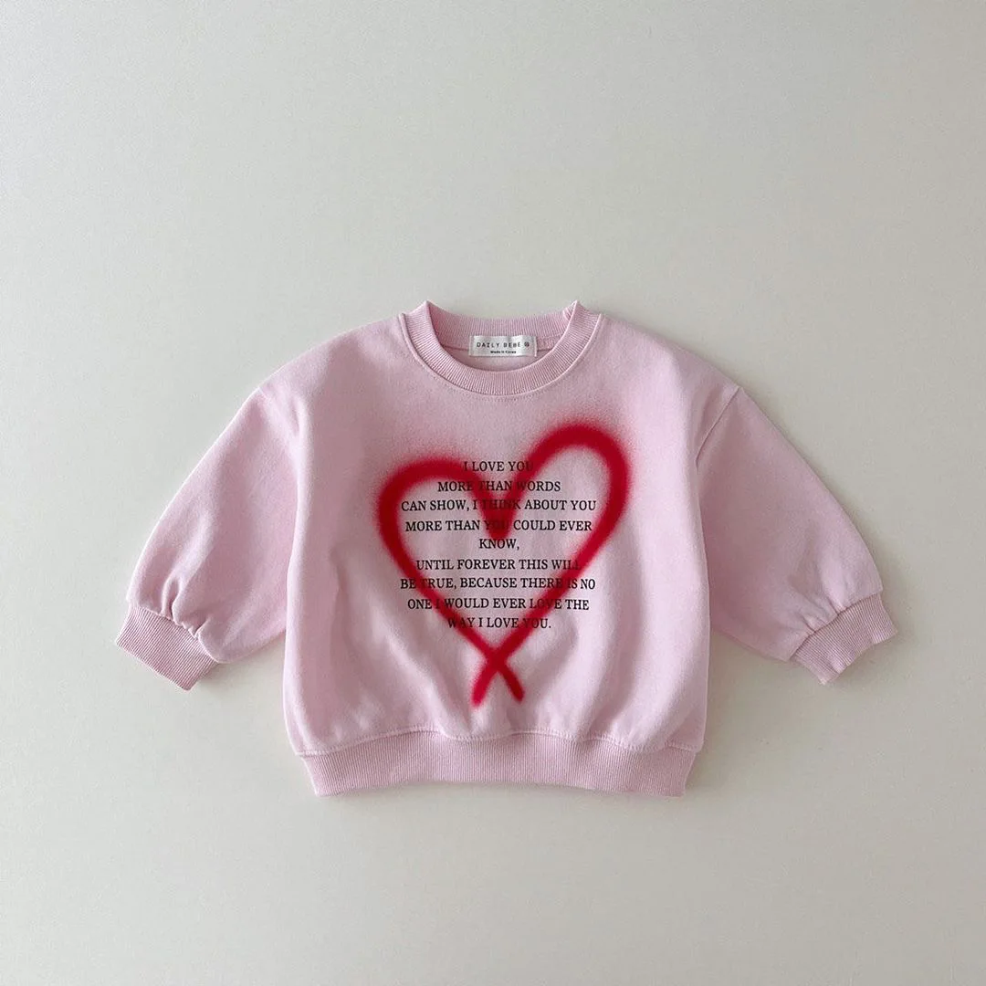 2024 Spring New Baby Girl Long Sleeve Casual Sweatshirt Letter Heart Print Girls Cartoon Tops Children Casual Pullover Clothes