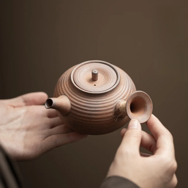 200ML Old Rock Mud Rough Pottery Side Handle Pot, Retro Single Brewing Kettle for Tea Ceremony