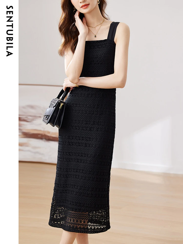 SENTUBILA Summer Long Crochet Knit Dress for Women 2024 Elegant Black Square Collar Sundress Sleeveless Strap Split Dresses