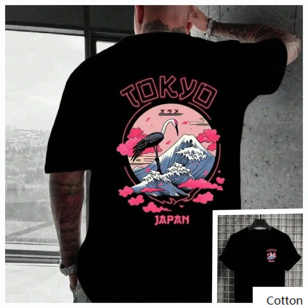 

Хлопковая футболка с мотивом Tokyo Japan с волнами и фламинго, модная брендовая футболка из чистого хлопка с принтом, футболка унисекс с короткими рукавами, S-4XL