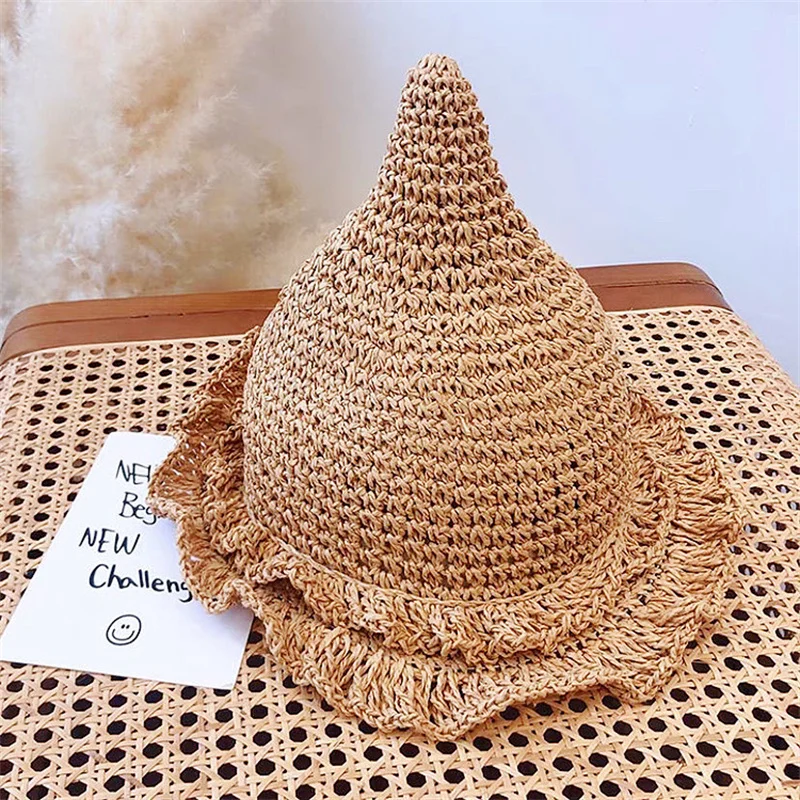 2022 Fashion Cute Children Girl Princess Sunhats Point Top Outdoor Beach Holiday Summer Plaited Straw Magic Hat Cap for Kids