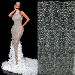 White Lace Fabric 2024 High Quality Luxury African Handmade Beaded Lace Fabric High End Material Luxury Sequins for Party Dq20-1