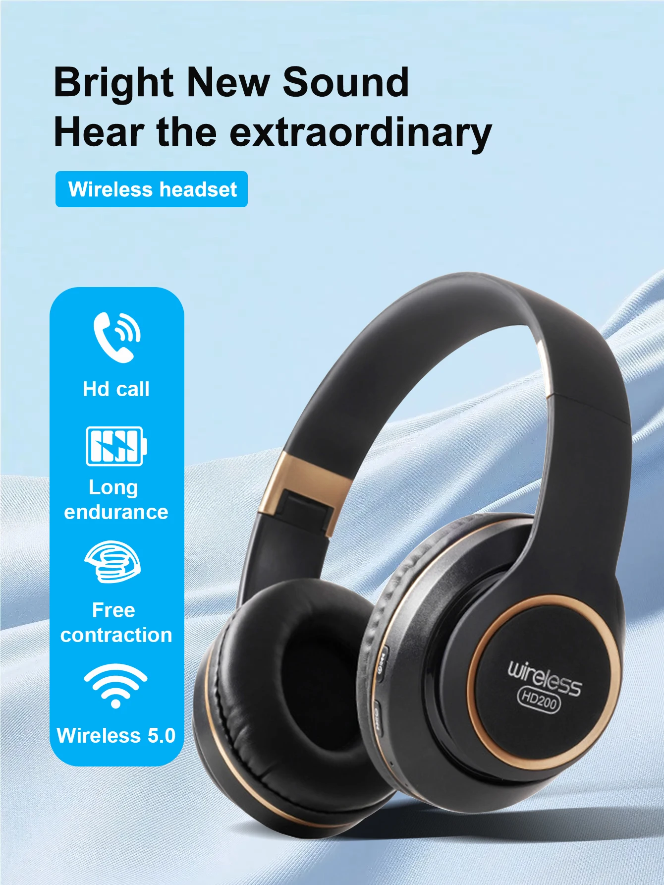 HD200 Headphones Bluetooth Headset Earphone Wireless Headphones Stereo Foldable Support TF Card Microphone Headset Handfree MP3