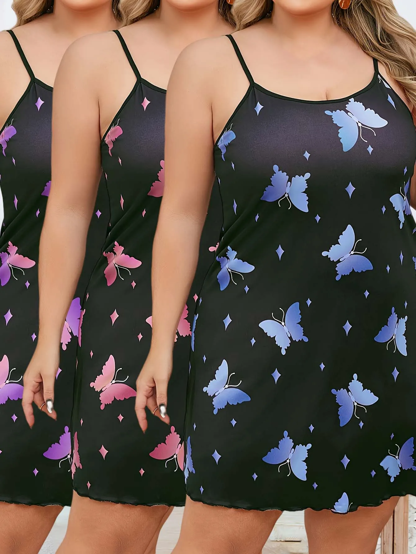 

Spring/Summer/Autumn Casual Women's Home Clothes Commuting Butterfly Print Embellished Plus Size Women's Suspender Dress Three-P
