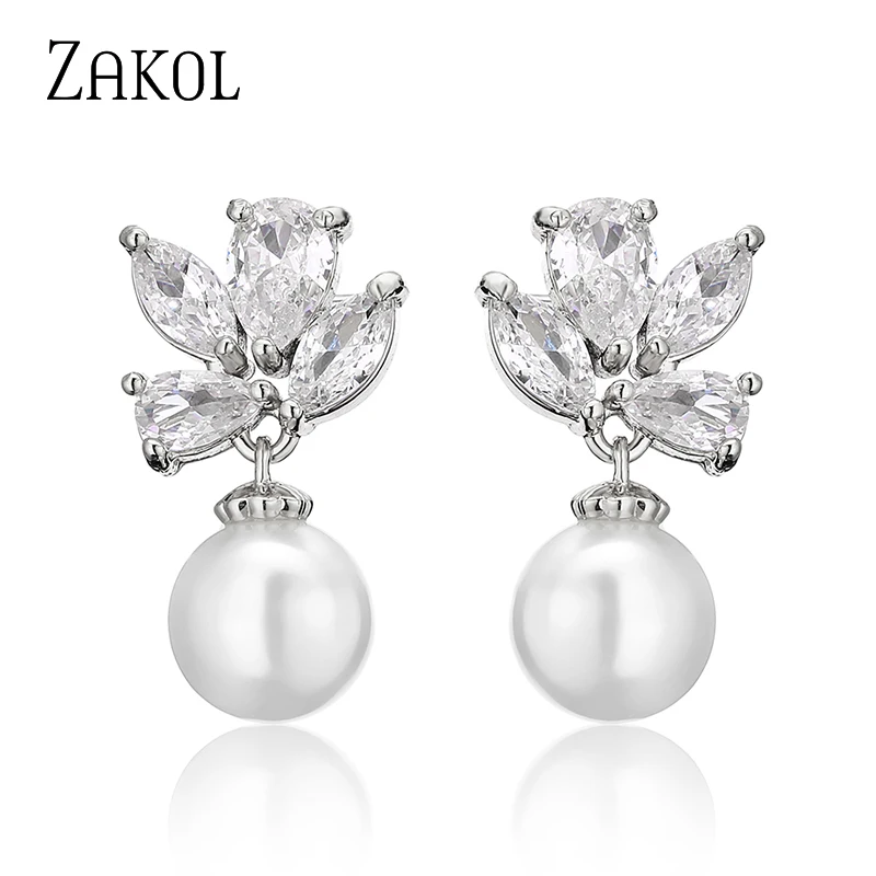 ZAKOL Classic Simple Leaf Marquis Zircon CZ Pearl Drop Earrings for Women Girls Glamour Bridal Engagement Earring Jewelry EP1137