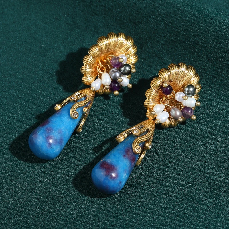 

Vintage Lapis Lazuli Blue Drop Earrings Baroque Pearl Hanging Natural Stone Antique Jewelry Gold Plated Bridesmaid Accessories