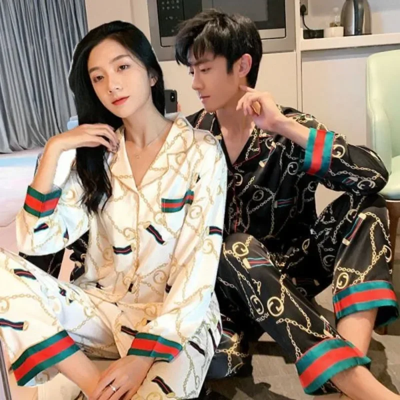 2024 New Couple Pajamas Women Spring Autumn Ice Silk Large Size Sleepwear Long Sleeved Thin Style Summer Men\'s V-neck Homewear