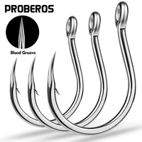 PROBEROS 10PCS Fishing Hooks 1/0-2/0-3/0-4/0-5/0#  Jig Big Eye Fishhooks Tin Color Barbed Single Hook High Carbon Steel Peche