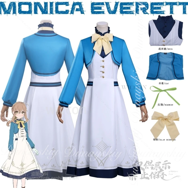 MoeMimic أسرار الساحرة الصامتة أنيمي مونيكا ايفريت تأثيري مع لون القهوة شعر مستعار أزرق أبيض فستان زي جميع مجموعة كوس