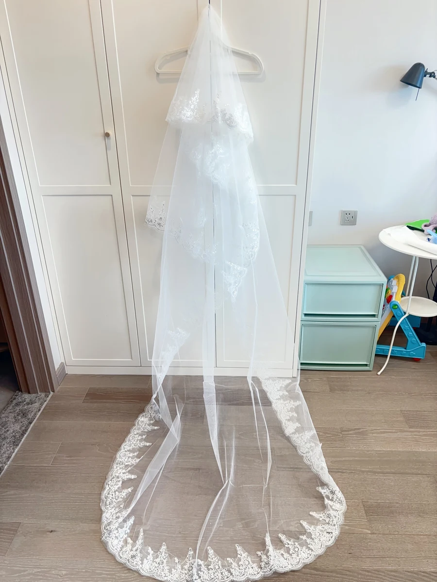 3M 오프 화이트 대성당 웨딩 베일 빗 웨딩 액세서리 화이트 베일 신부와 긴 레이스 가장자리 신부 베일