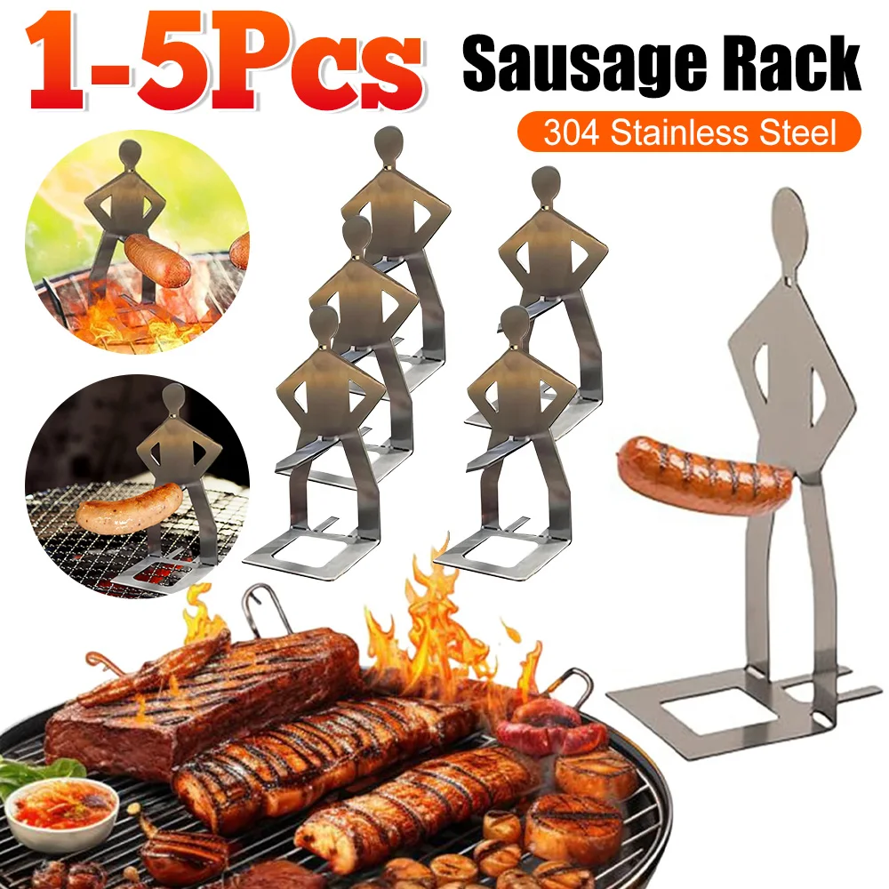 1-5PCS Stainless Steel BBQ Sausage Holder Funny Sausage Roaster Hot Dog Grill Novelty Sausage Rack for Barbecue Outdoor Camping