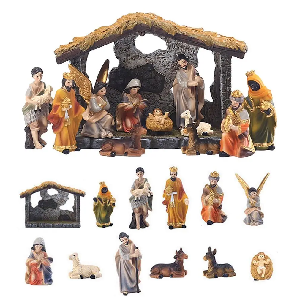 12pcs Resin Christmas Manger Set Nativity Scene Christmas Ornament Nativity Ornaments Holy Family Crafts Statue Decor