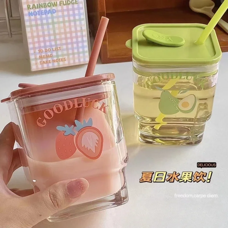 Glass Square Cup Large Capacity New Household Internet Celebrity with Lid Cup with Straw Mug Water Cup