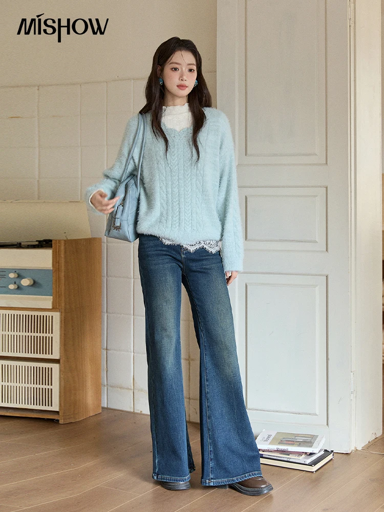 MISHOW femmes jean 2025 automne hiver Denim bleu évasé taille haute jean mince nouveau rétro trajet pantalon à jambes larges MXE51K1092