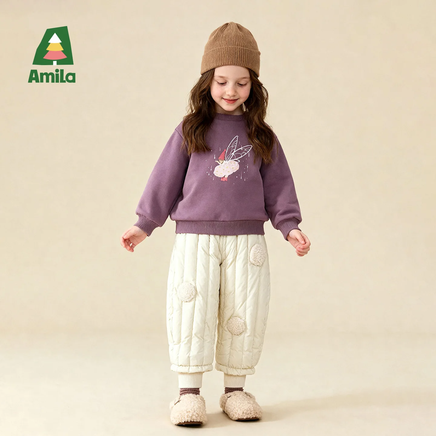 Amila 2026 Kids Winter Leg Tied Down Pants With Vertical Stripes, Quilted Plush Circular Patches, Warm And Cozy In Winter